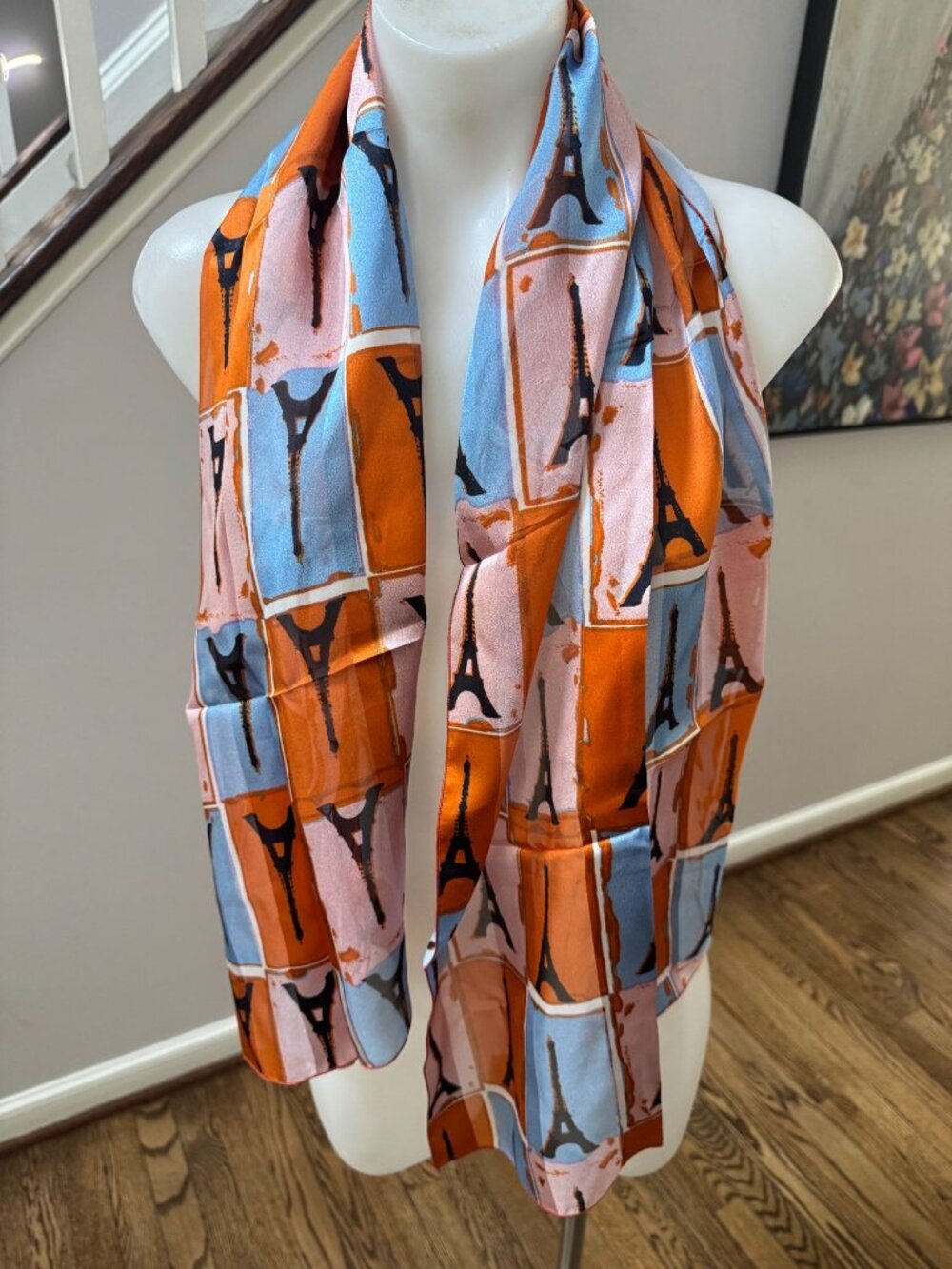 BROCHIER SOIERIES Eiffel Tower 100% Silk Checkers Scarf 140 France Orange Blue